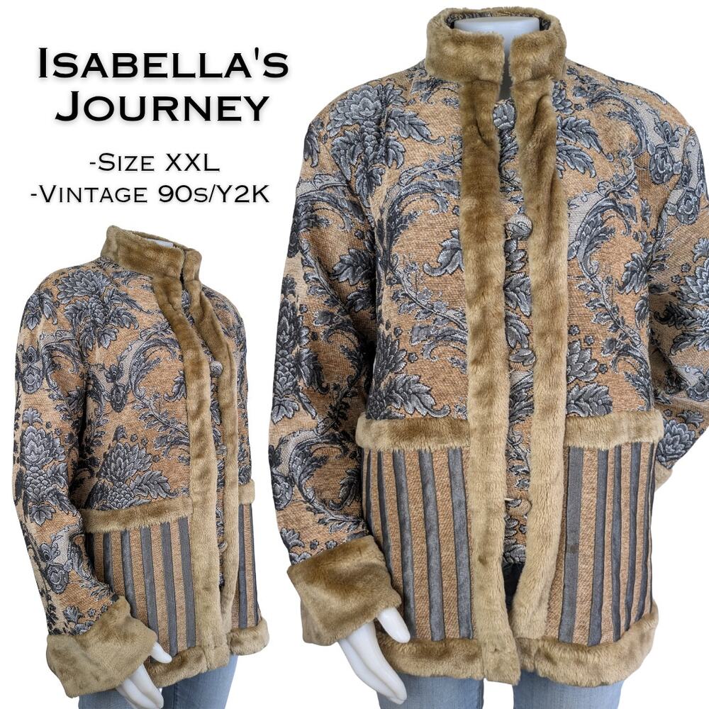 Isabellas Journey Athens Jacket XXL 90s Camel Gray Tapestry Baroque Faux Fur VTG